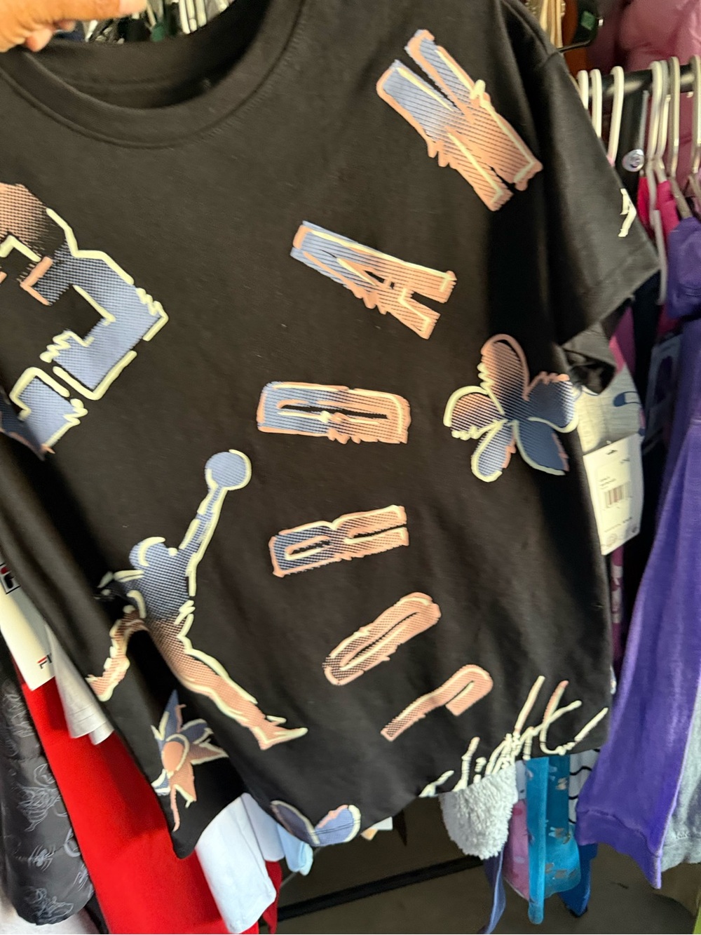 Jordan Black Tee with Pastel Blue & Pink Graphics